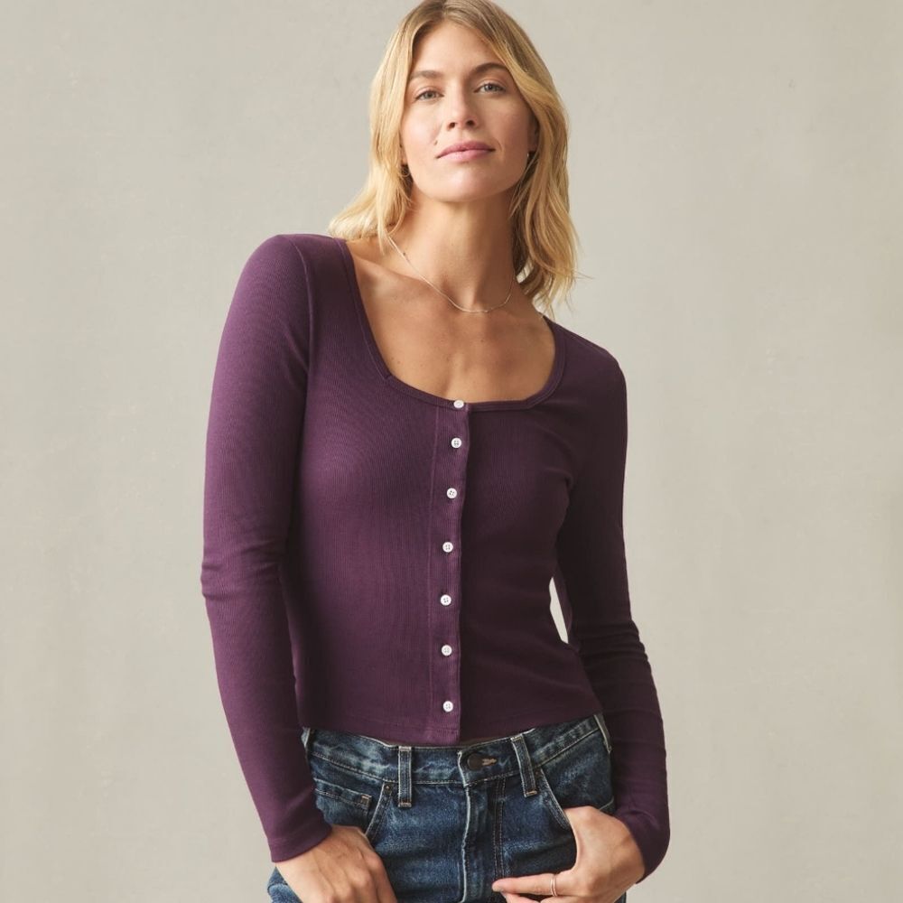 NEW American Giant Luxe Rib Square Neck Cardigan Buttondown Sweater plum Purple